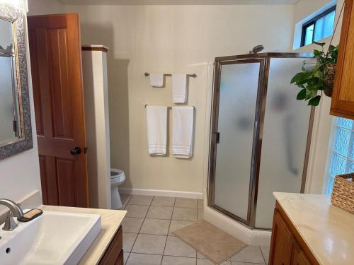 a bathroom with a shower and a sink at Seaside Garden Escape, A Stroll to the Beach! in Grover Beach