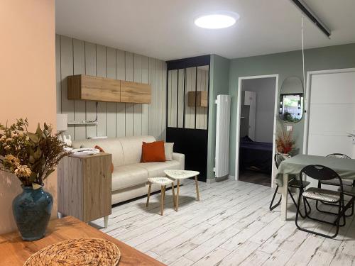 un salon avec un canapé et une table dans l'établissement Appartement calme bord de forêt, à Lacanau-Océan