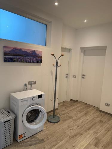a bathroom with a washing machine in a room at B&B Ersilia in Eupilio