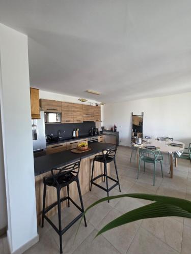 une cuisine et une salle à manger avec une table et des chaises dans l'établissement 2 chambres appartements 5 minutes des plages, à Vescovato