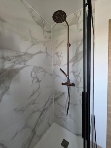 d'une douche avec un mur en marbre blanc. dans l'établissement 2 chambres appartements 5 minutes des plages, à Vescovato