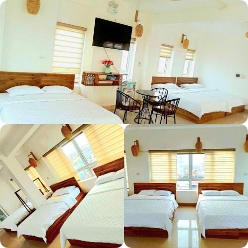 three pictures of a bedroom with two beds and a table at Hi Hotel in Kỳ Vĩ