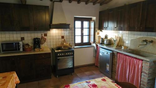 a kitchen with wooden cabinets and a stove top oven at Villa Toscana in Montecastelli Pisano