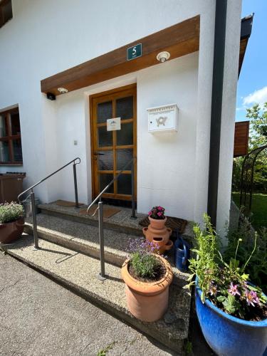 a front door of a house with pots of plants at Bijou Homestay I - Room w Balcony, Mountain & Garden Views in Mieders