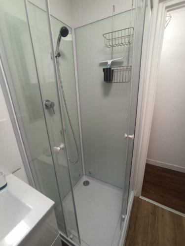 une douche avec une porte vitrée dans une salle de bain dans l'établissement 2 master suites Hypercentre de Troyes Les Halles, à Troyes