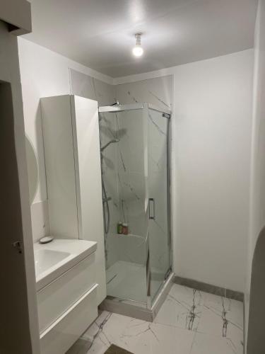une salle de bain blanche avec une douche et un lavabo dans l'établissement Plaisir de vacances, à Aix-en-Provence