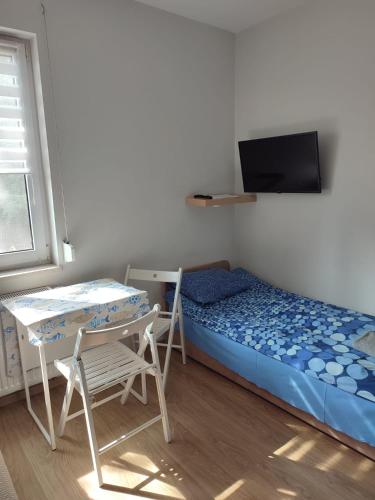 a small room with a bed and a table and a tv at Pestka in Jastarnia