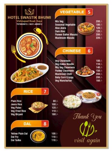 a menu for a restaurant with different types of food at Hotel Swastik Bhumi & Restaurant in Gaya