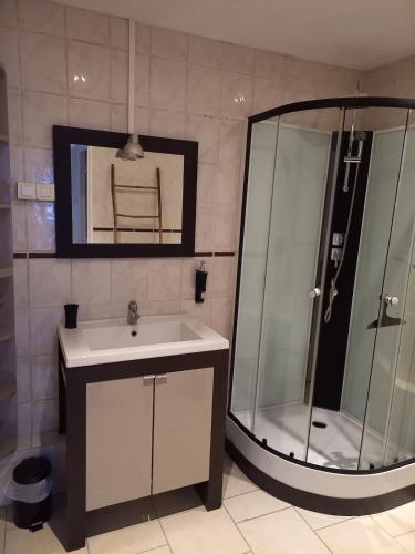 une salle de bain avec un lavabo et une douche avec un miroir dans l'établissement 70m2 appartement Central, au Grau-du-Roi
