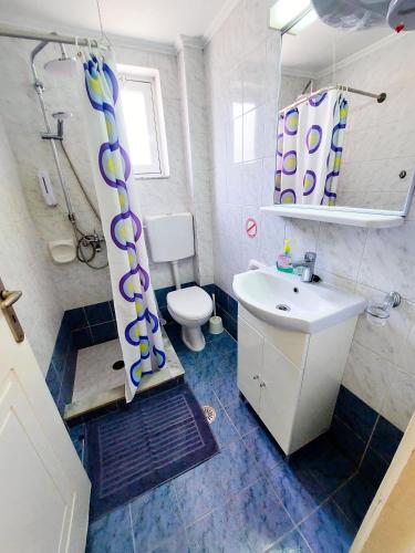 a bathroom with a shower and a sink and a toilet at Alexia Apartments & Studios in Kremasti