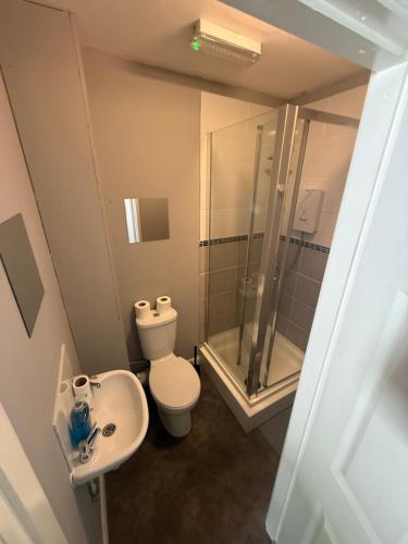 a bathroom with a toilet and a shower and a sink at St Georges Hotel in Hull
