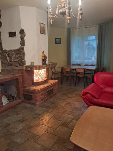 a living room with a fireplace and a red couch at Apartament nad jeziorem in Małe Swornegacie