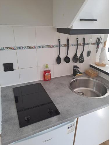une cuisine avec un évier et un comptoir avec des ustensiles dans l'établissement Studio Climatisé Résidence Odalys nouvelle box 5 G ,Saint Loup,piscine ,parking privé et superette, au Cap d'Agde
