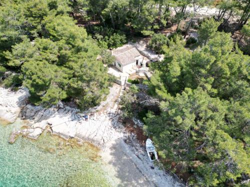 an aerial view of a house with trees and water at Kapetanska kućica na moru in Cunski