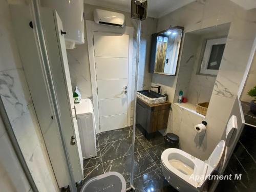 un baño con inodoro y lavabo en Apartman M, en Belgrado