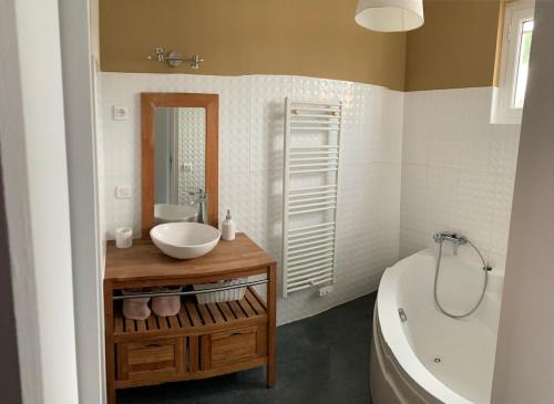 La salle de bains est pourvue d'un lavabo et d'une baignoire. dans l'établissement Maison avec piscine, à Carpentras
