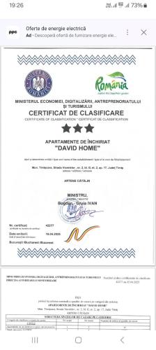 Certifikát, hodnocení, plakát nebo jiný dokument vystavený v ubytování David Home