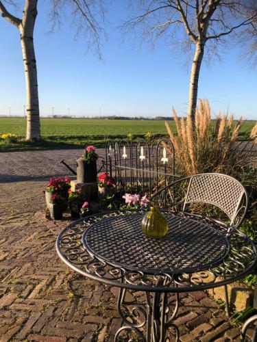 a wrought iron table and chair on a brick patio at Appartement voor twee personen in Twisk
