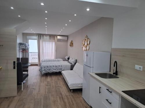 una cucina e un soggiorno con letto e frigorifero di CENTRUM F ad Alicante