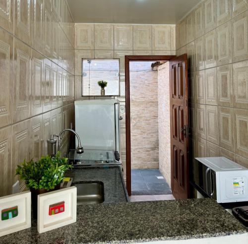Una pequeña cocina con fregadero y microondas. en Recanto Canuto, en Diamantina