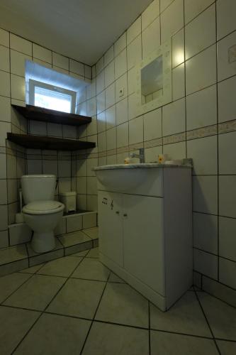 une salle de bain avec toilettes et lavabo dans l'établissement Soleil Levant, petite maison de caractère à prix bas, à Saint-Georges-de-Pointindoux