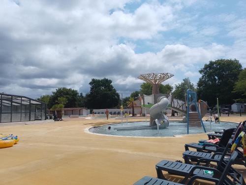a pool with a dolphin statue in a park at Le Kraken in Aureilhan