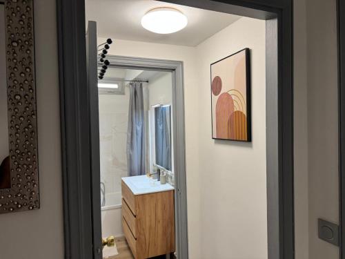 une salle de bain avec un lavabo et un miroir dans l'établissement Studio moderne avec veranda - Cannes centre, à Cannes
