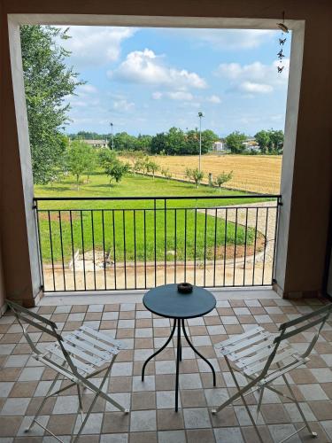 a balcony with a table and chairs and a view of a field at Agriturismo Al Preve in Ponzano Veneto