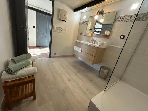 une salle de bain avec douche et lavabo dans l'établissement Appartement centre du village, à Nissan-lez-Enserune