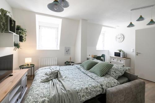 une chambre avec un lit et un canapé dans l'établissement MonSéjourCosy - Le Cottage - Studio - Cosy - Netflix, à Mulhouse