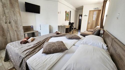 two beds in a bedroom with a tv on the wall at SEDRA Holiday Resort-Adults Only-Bed & Breakfast in Grabovac