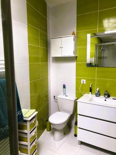 une salle de bain verte avec des toilettes et un lavabo dans l'établissement Maison à Oléron avec piscine chauffée et privée, à Dolus-d'Oléron