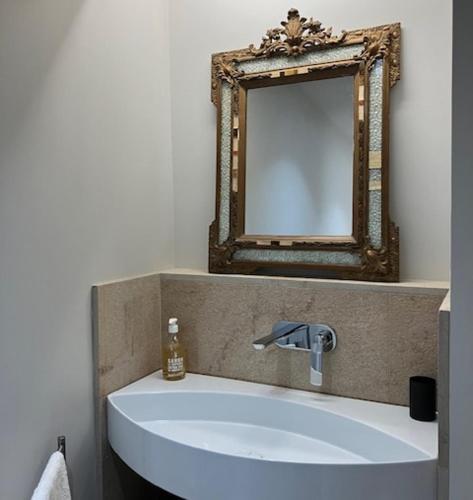 La salle de bains est pourvue d'un lavabo avec miroir. dans l'établissement Maison Thaïs, deux pièces de charme, à Autun