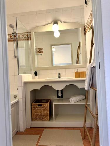 une salle de bain avec un lavabo et un miroir dans l'établissement Peaceful apartment with sea and hill view, air-conditioned, à Roquebrune-sur Argens