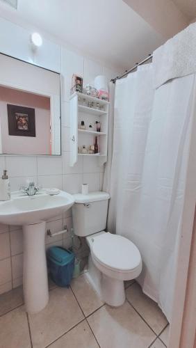 a white bathroom with a toilet and a sink at Lindo departamento Edificio Centro Mayor in Temuco