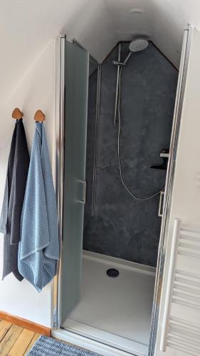 une douche avec une porte vitrée dans une salle de bain dans l'établissement Maen bihan, à Arzon