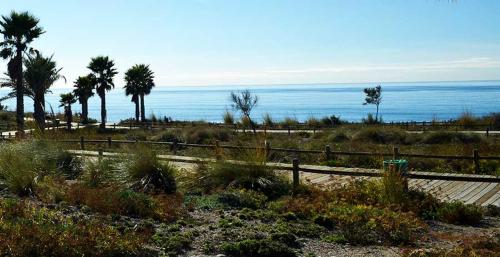 a beach with a fence and palm trees and the ocean at Luxury Homes Toyo Golf Paradise Retamar in Retamar