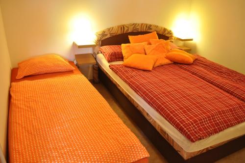 sypialnia z 2 łóżkami pojedynczymi i pomarańczowymi poduszkami w obiekcie Apartmány Lipno - Frymburk w mieście Frymburk