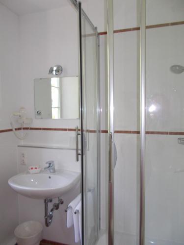 a bathroom with a shower and a sink at Gasthof Klement in Isen