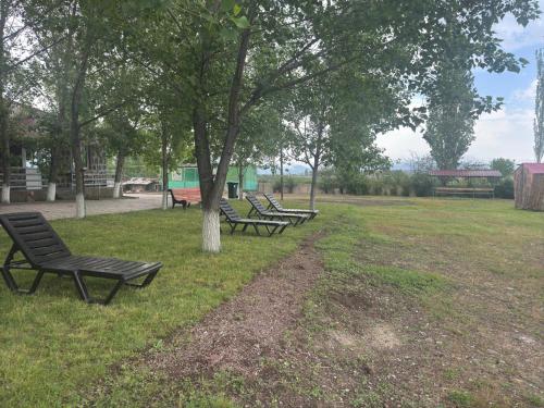 a group of park benches sitting in a park at Hayots Ojakh in Sevan