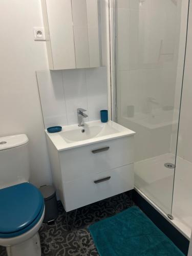 une salle de bain avec toilettes, lavabo et douche dans l'établissement Maison climatisée 8 personnes lege cap ferret, à Lège-Cap-Ferret
