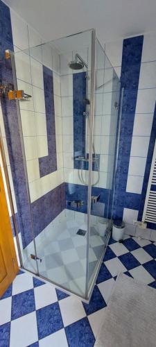 La salle de bains est pourvue d'une douche en verre et de carrelage bleu et blanc. dans l'établissement Très jolie maison avec piscine, à Soultz-Haut-Rhin