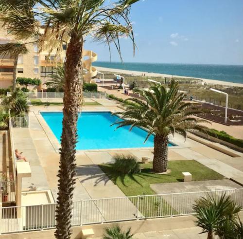 - une vue sur la piscine bordée de palmiers et la plage dans l'établissement EMPLACEMENT EXCEPTIONNEL,FRONT DE MER, Appt 4 couchages, RDC, Allée des Arts, au Barcarès