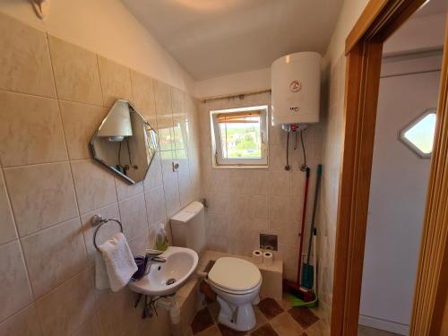 a small bathroom with a toilet and a sink at Apartmani Uvodić in Rogoznica