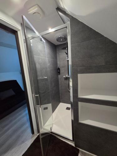 a shower with a glass door in a bathroom at La petite maison in Therdonne