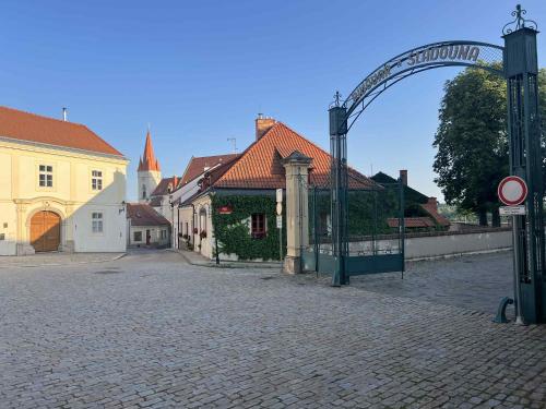 a cobblestone street in a town with an arch at ZnojmoApartment in Znojmo