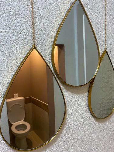 a mirror hanging on a wall with a toilet at Secret Garden Mostar in Mostar