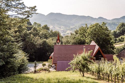 a small red church with a steeple in a vineyard at Kuća za odmor LE-LA in Cvetlin