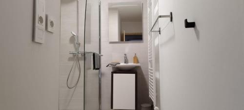 une salle de bain blanche avec une douche et un lavabo dans l'établissement 8 pers, Maisonnette en bordure de forêt vosgienne, à Barbey-Séroux