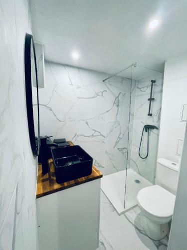 une salle de bain avec toilettes et douche en verre dans l'établissement T2 lumineux en hypercentre, à Perpignan